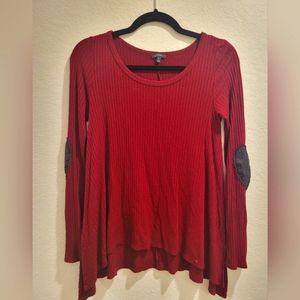 Burgundy long sleeved top with heart shaped elbow patches